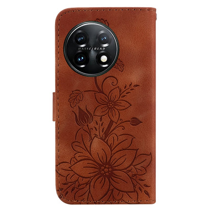 For OnePlus 11 Lily Embossed Leather Phone Case(Brown) - OnePlus Cases by buy2fix | Online Shopping UK | buy2fix