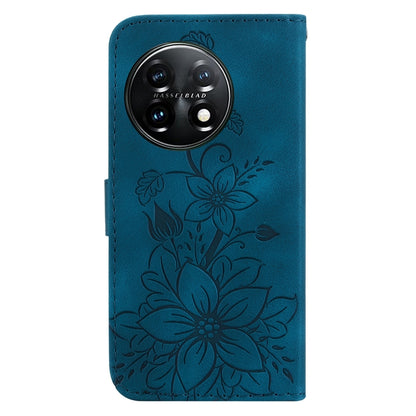 For OnePlus 11 Lily Embossed Leather Phone Case(Dark Blue) - OnePlus Cases by buy2fix | Online Shopping UK | buy2fix