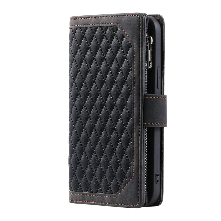 For iPhone 16 Plus Grid Texture Zipper Leather Phone Case with Lanyard(Black) - iPhone 16 Plus Cases by buy2fix | Online Shopping UK | buy2fix