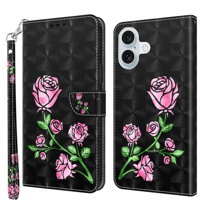 For iPhone 16 3D Painted Leather Phone Case(Rose) - iPhone 16 Cases by buy2fix | Online Shopping UK | buy2fix