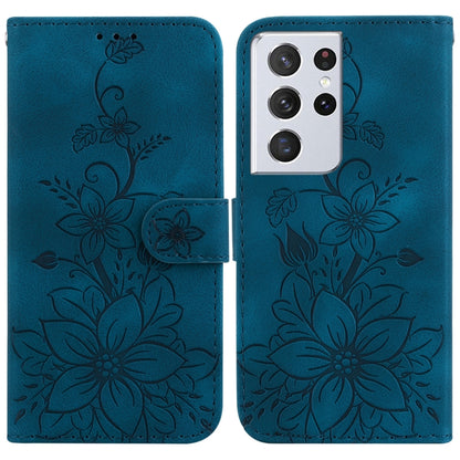 For Samsung Galaxy S21 Ultra 5G Lily Embossed Leather Phone Case(Dark Blue) - Galaxy S21 Ultra 5G Cases by buy2fix | Online Shopping UK | buy2fix
