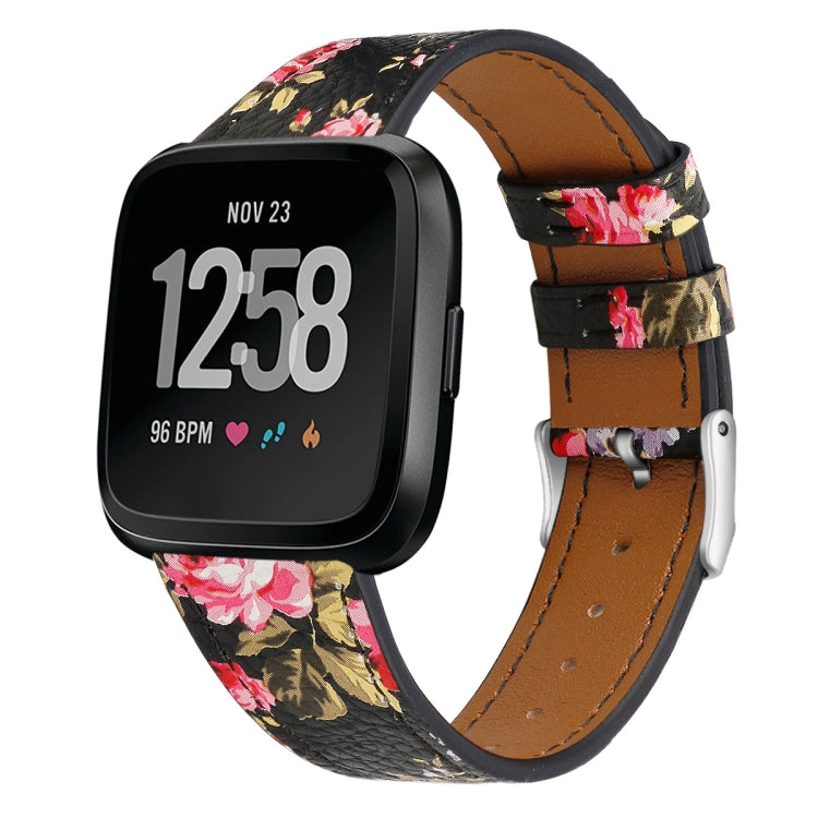 For Fitbit Versa 2 / Fitbit Versa / Fitbit Versa Lite Leather Watch Band with Round Tail Buckle(Black Skin Pink Flower) - Watch Bands by buy2fix | Online Shopping UK | buy2fix