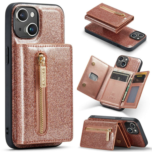 For iPhone 15 Plus DG.MING M3 Series Glitter Powder Card Bag Leather Phone Case(Rose Gold) - iPhone 15 Plus Cases by DG.MING | Online Shopping UK | buy2fix