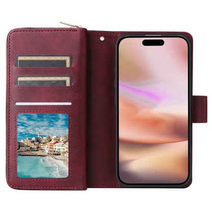 For iPhone 16 Plus 9 Card Slots Zipper Wallet Bag Leather Phone Case(Wine Red) - iPhone 16 Plus Cases by buy2fix | Online Shopping UK | buy2fix