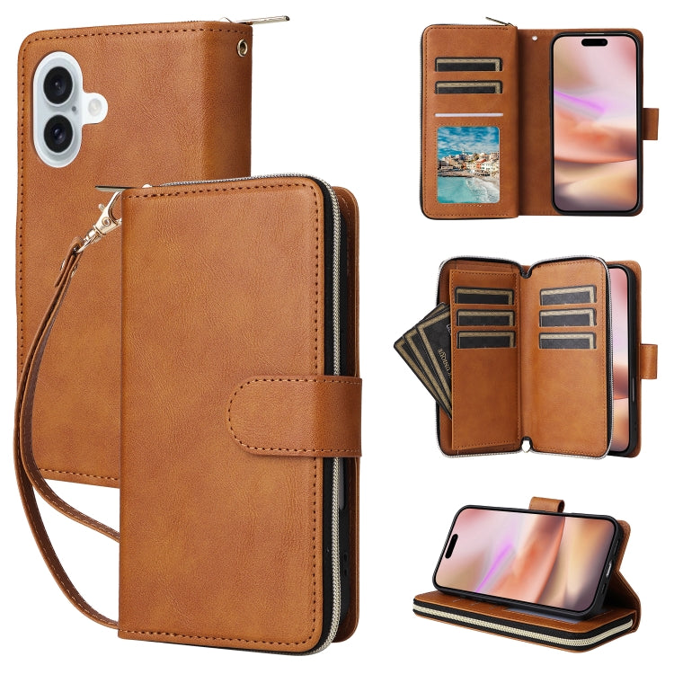 For iPhone 16 Plus 9 Card Slots Zipper Wallet Bag Leather Phone Case(Brown) - iPhone 16 Plus Cases by buy2fix | Online Shopping UK | buy2fix