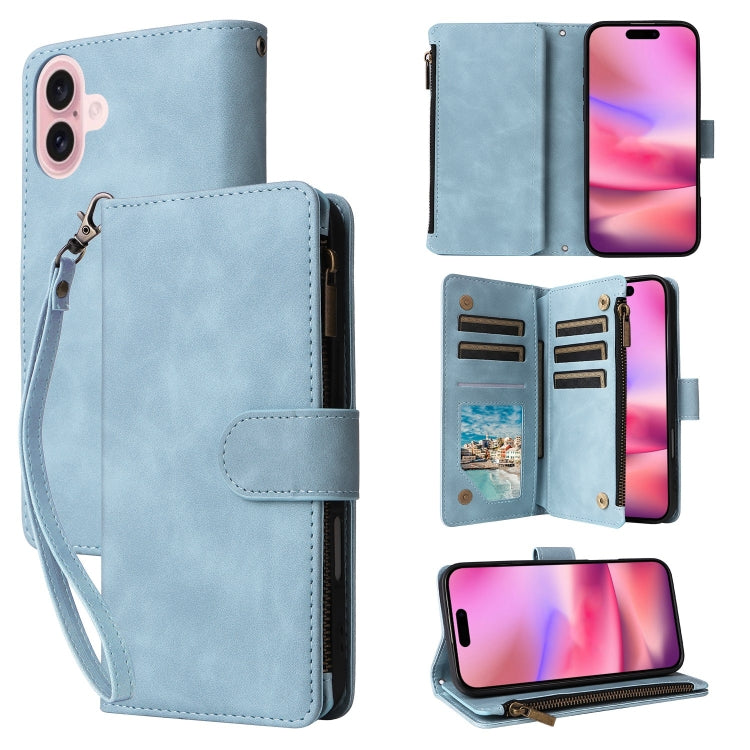 For iPhone 16 Plus Crossbody Multi-card Slot Wallet Zipper Leather Phone Case(Light Blue) - iPhone 16 Plus Cases by buy2fix | Online Shopping UK | buy2fix