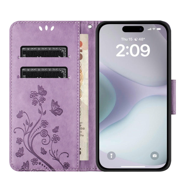 For iPhone 16 Plus Butterfly Flower Pattern Flip Leather Phone Case(Light Purple) - iPhone 16 Plus Cases by buy2fix | Online Shopping UK | buy2fix