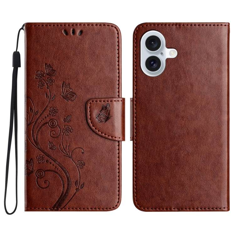 For iPhone 16 Butterfly Flower Pattern Flip Leather Phone Case(Brown) - iPhone 16 Cases by buy2fix | Online Shopping UK | buy2fix