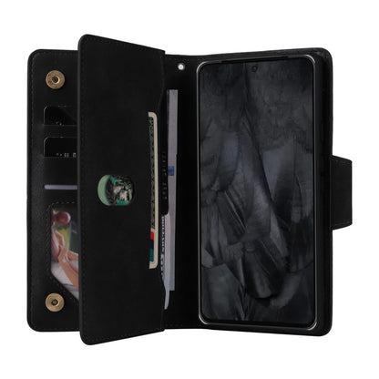 For Google Pixel 8 Pro Rivet Buckle 9 Cards Three Fold Leather Phone Case(Black) - Google Cases by buy2fix | Online Shopping UK | buy2fix