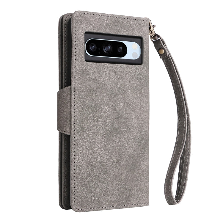 For Google Pixel 8a Rivet Buckle 9 Cards Three Fold Leather Phone Case(Grey) - Google Cases by buy2fix | Online Shopping UK | buy2fix