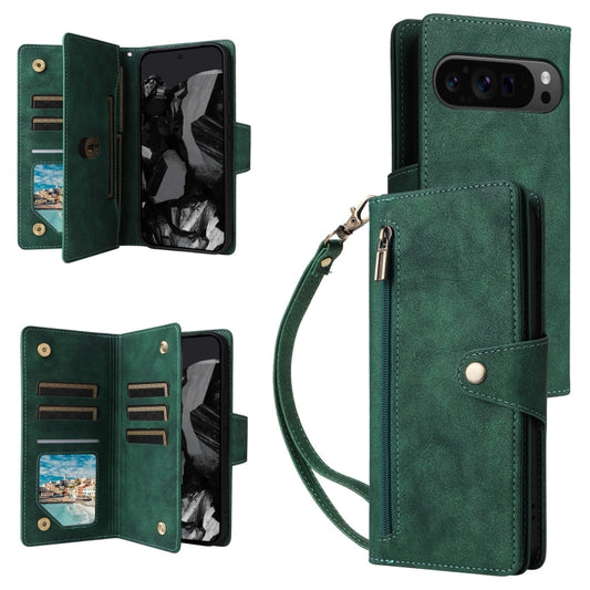 For Google Pixel 9 Pro Rivet Buckle 9 Cards Three Fold Leather Phone Case(Green) - Google Cases by buy2fix | Online Shopping UK | buy2fix