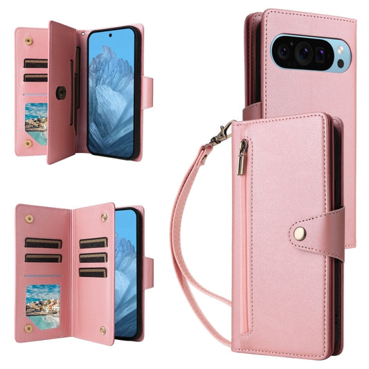 For Google Pixel 9 Rivet Buckle 9 Cards Three Fold Leather Phone Case(Rose Gold) - Google Cases by buy2fix | Online Shopping UK | buy2fix