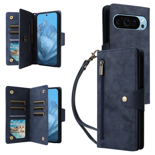 For Google Pixel 9 Rivet Buckle 9 Cards Three Fold Leather Phone Case(Blue) - Google Cases by buy2fix | Online Shopping UK | buy2fix