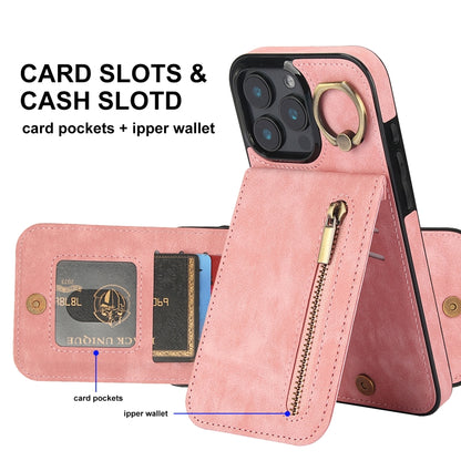 For iPhone 16 Pro Max Retro Ring and Zipper RFID Card Slot Phone Case(Pink) - iPhone 16 Pro Max Cases by buy2fix | Online Shopping UK | buy2fix