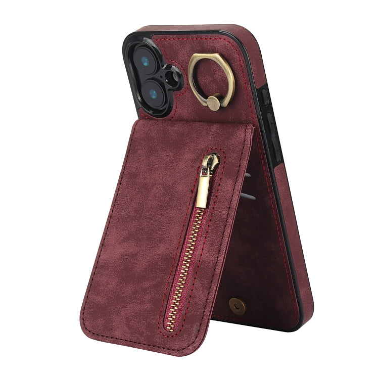 For iPhone 16 Plus Retro Ring and Zipper RFID Card Slot Phone Case(Wine Red) - iPhone 16 Plus Cases by buy2fix | Online Shopping UK | buy2fix