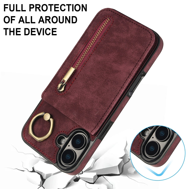 For iPhone 16 Plus Retro Ring and Zipper RFID Card Slot Phone Case(Wine Red) - iPhone 16 Plus Cases by buy2fix | Online Shopping UK | buy2fix