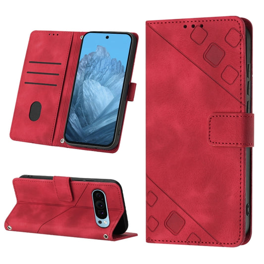 For Google Pixel 9 / 9 Pro Skin-feel Embossed Leather Phone Case(Red) - Google Cases by buy2fix | Online Shopping UK | buy2fix