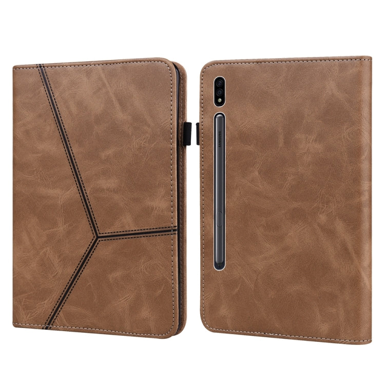 For Samsung Galaxy Tab S9 / S9 FE Solid Color Stripe Embossed Leather Tablet Case(Brown) - Galaxy Tab S9 FE by buy2fix | Online Shopping UK | buy2fix