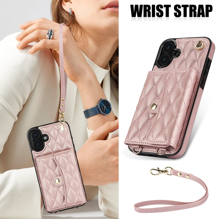 For iPhone 16 Crossbody Rhombic Horizontal Wallet Leather Phone Case(Rose Gold) - iPhone 16 Cases by buy2fix | Online Shopping UK | buy2fix