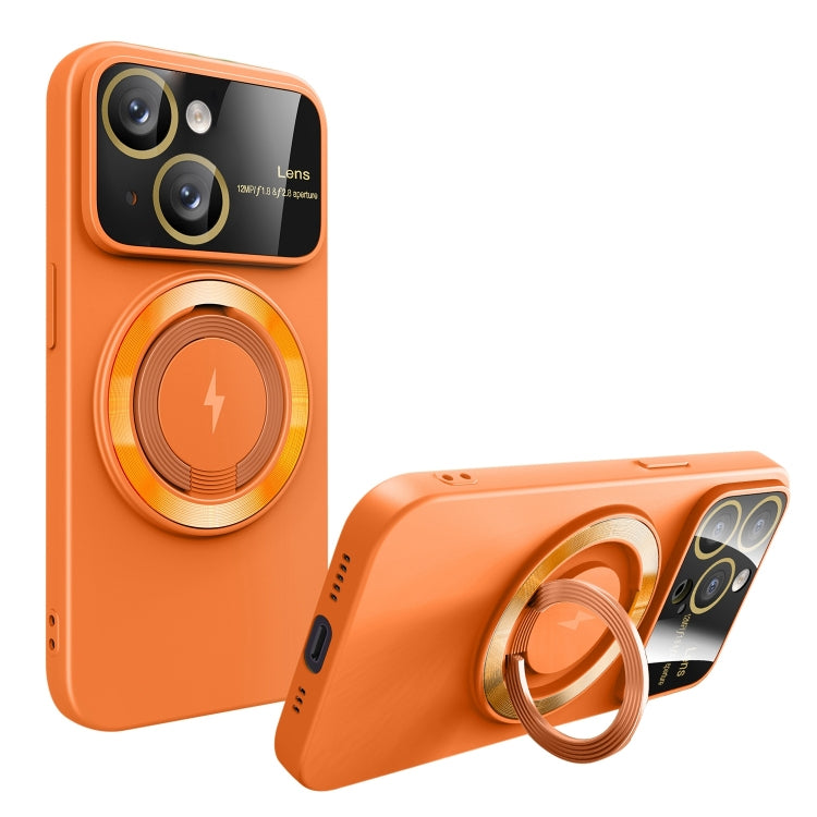 For iPhone 13 Large Window MagSafe Magnetic Holder Phone Case(Orange) - iPhone 13 Cases by buy2fix | Online Shopping UK | buy2fix