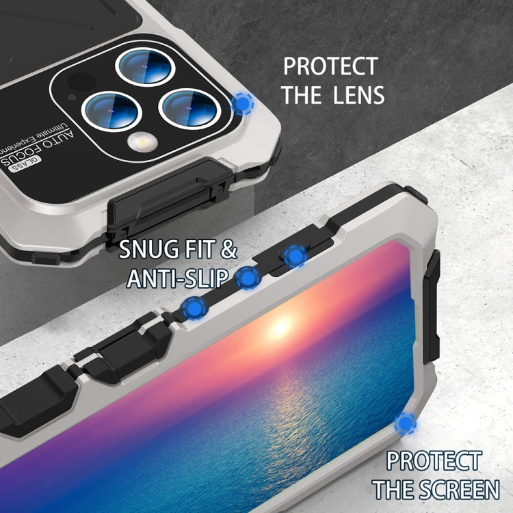 For iPhone 15 Pro R-JUST Metal + Silicone + Tempered Glass Life Waterproof Phone Case with Holder(Silver) - iPhone 15 Pro Cases by R-JUST | Online Shopping UK | buy2fix