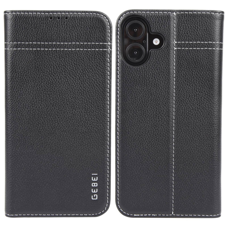 For iPhone 16 Plus GEBEI Top-grain Horizontal Flip Leather Phone Case(Black) - iPhone 16 Plus Cases by GEBEI | Online Shopping UK | buy2fix