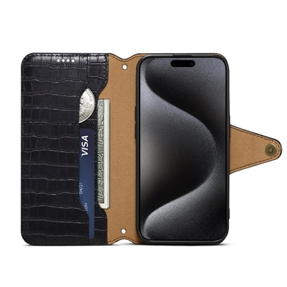 For iPhone 16 Denior Crocodile Texture Oil Edge Leather Phone Case(Black) - iPhone 16 Cases by Denior | Online Shopping UK | buy2fix