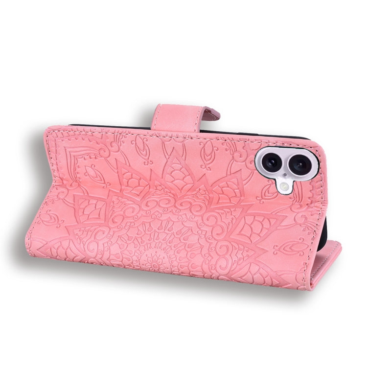 For iPhone 16 Plus Mandala Embossed Dual-Fold Calf Leather Phone Case(Pink) - iPhone 16 Plus Cases by buy2fix | Online Shopping UK | buy2fix