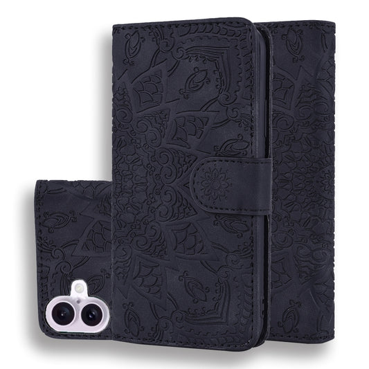 For iPhone 16 Mandala Embossed Dual-Fold Calf Leather Phone Case(Black) - iPhone 16 Cases by buy2fix | Online Shopping UK | buy2fix