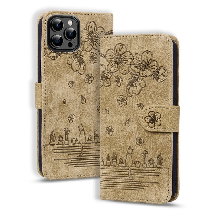 For iPhone 16 Pro Cartoon Sakura Cat Embossed Leather Phone Case(Brown) - iPhone 16 Pro Cases by buy2fix | Online Shopping UK | buy2fix