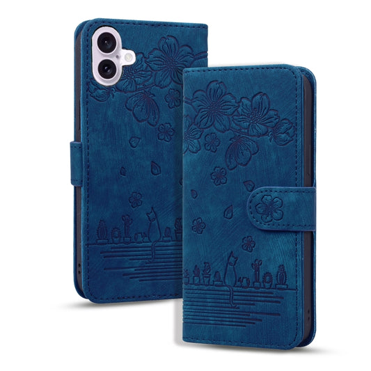 For iPhone 16 Plus Cartoon Sakura Cat Embossed Leather Phone Case(Royal Blue) - iPhone 16 Plus Cases by buy2fix | Online Shopping UK | buy2fix