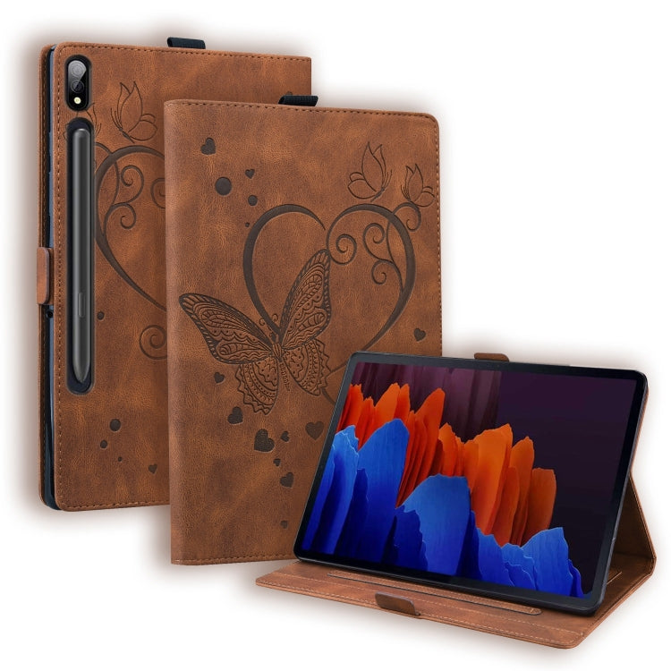 For Samsung Galaxy Tab S9 FE+ Love Butterfly Embossed Leather Tablet Case(Brown) - Galaxy Tab S9 FE+ by buy2fix | Online Shopping UK | buy2fix