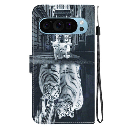 For Google Pixel 9 Crystal Texture Colored Drawing Leather Phone Case(Cat Tiger Reflection) - Google Cases by buy2fix | Online Shopping UK | buy2fix