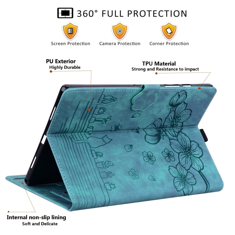 For Samsung Galaxy Tab S9+ /S8+ /S7+ Cartoon Sakura Cat Embossed Smart Leather Tablet Case(Green) - Galaxy Tab S9+ Cases by buy2fix | Online Shopping UK | buy2fix