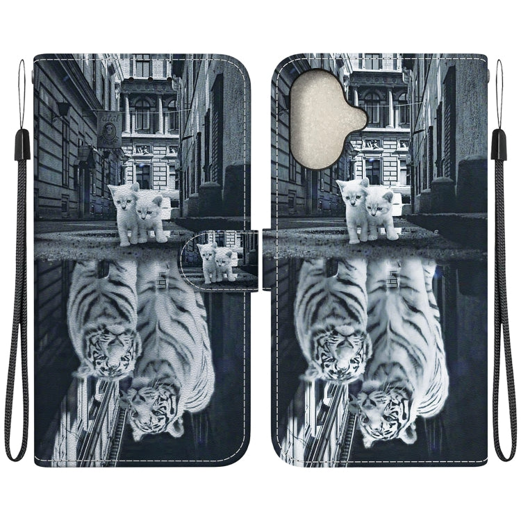 For iPhone 16 Crystal Texture Colored Drawing Leather Phone Case(Cat Tiger Reflection) - iPhone 16 Cases by buy2fix | Online Shopping UK | buy2fix