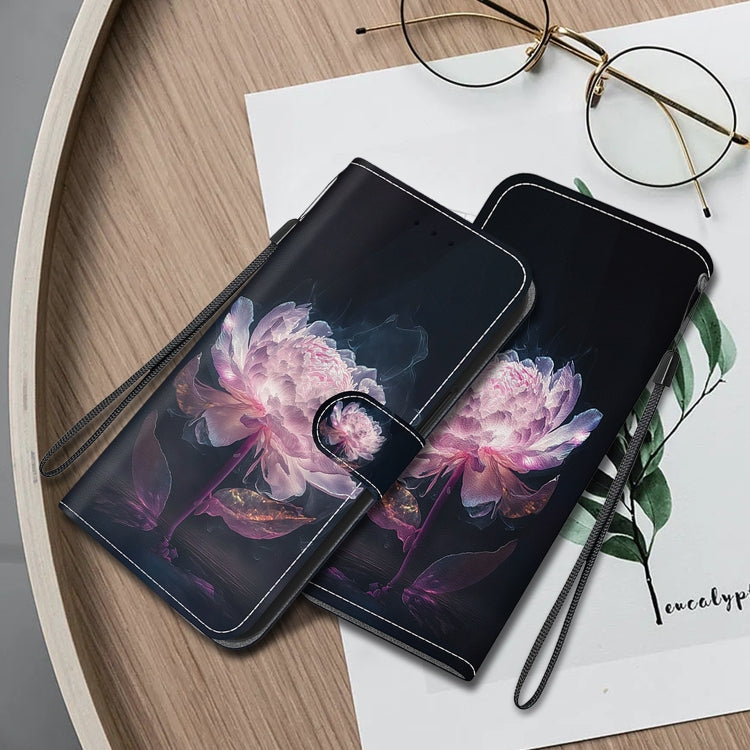 For iPhone 16 Plus Crystal Texture Colored Drawing Leather Phone Case(Purple Peony) - iPhone 16 Plus Cases by buy2fix | Online Shopping UK | buy2fix