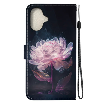 For iPhone 16 Plus Crystal Texture Colored Drawing Leather Phone Case(Purple Peony) - iPhone 16 Plus Cases by buy2fix | Online Shopping UK | buy2fix