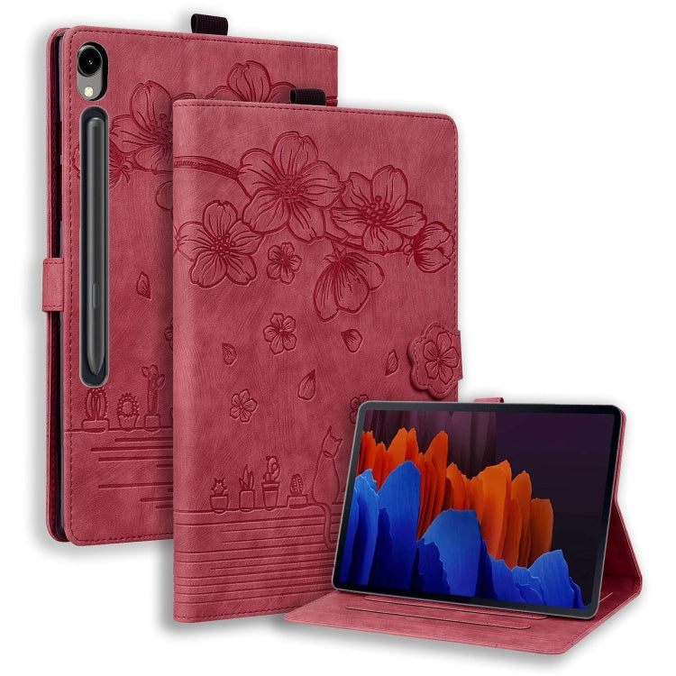 For Samsung Galaxy Tab S9 FE Cartoon Sakura Cat Embossed Leather Tablet Case(Red) - Galaxy Tab S9 FE by buy2fix | Online Shopping UK | buy2fix