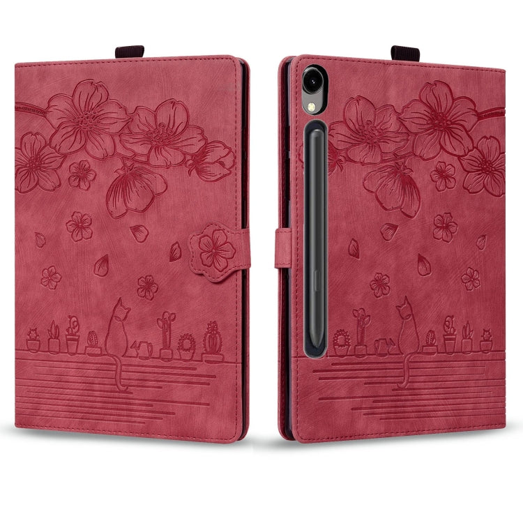 For Samsung Galaxy Tab S9 FE+ Cartoon Sakura Cat Embossed Leather Tablet Case(Red) - Galaxy Tab S9 FE+ by buy2fix | Online Shopping UK | buy2fix