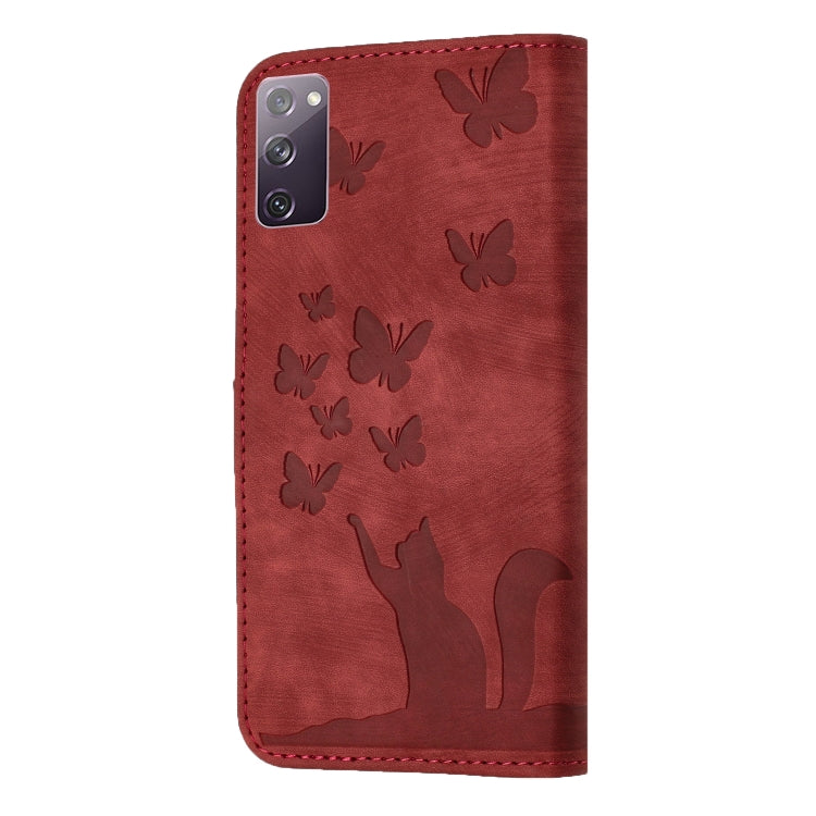 For Samsung Galaxy S20 FE Butterfly Cat Embossing Flip Leather Phone Case(Red) - Galaxy S20 FE Cases by buy2fix | Online Shopping UK | buy2fix