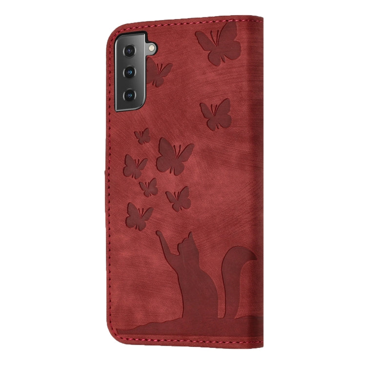 For Samsung Galaxy S21 5G Butterfly Cat Embossing Flip Leather Phone Case(Red) - Galaxy S21 5G Cases by buy2fix | Online Shopping UK | buy2fix