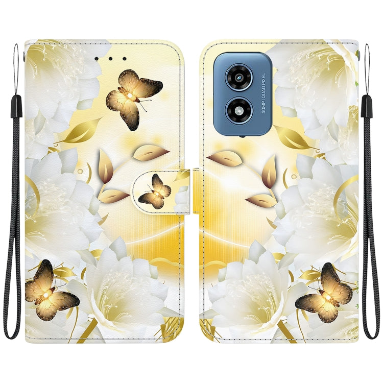 For Motorola Moto G Play 4G 2024 Crystal Texture Colored Drawing Leather Phone Case(Gold Butterfly Epiphyllum) - Motorola Cases by buy2fix | Online Shopping UK | buy2fix