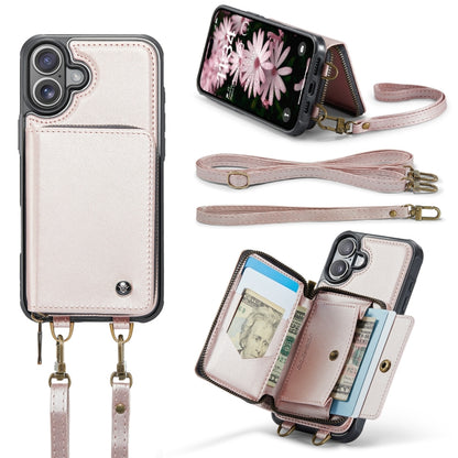 For iPhone 16 JEEHOOD C22 Series Zipper Wallet Leather Phone Case with Dual Lanyard(Rose Gold) - iPhone 16 Cases by JEEHOOD | Online Shopping UK | buy2fix