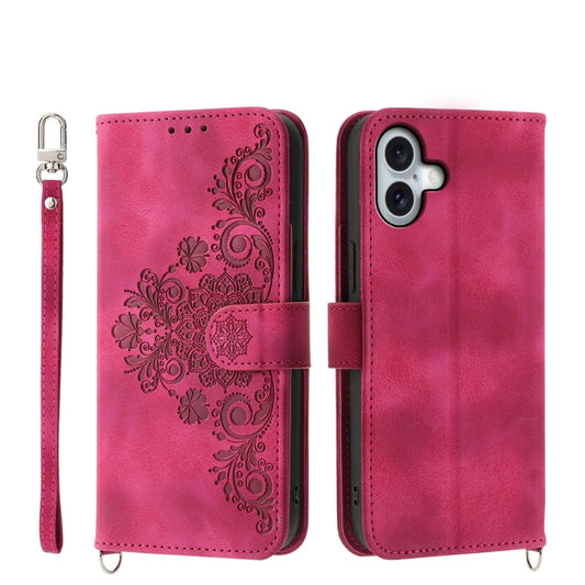 For iPhone 16 Plus Skin-feel Flowers Embossed Wallet Leather Phone Case(Wine Red) - iPhone 16 Plus Cases by buy2fix | Online Shopping UK | buy2fix