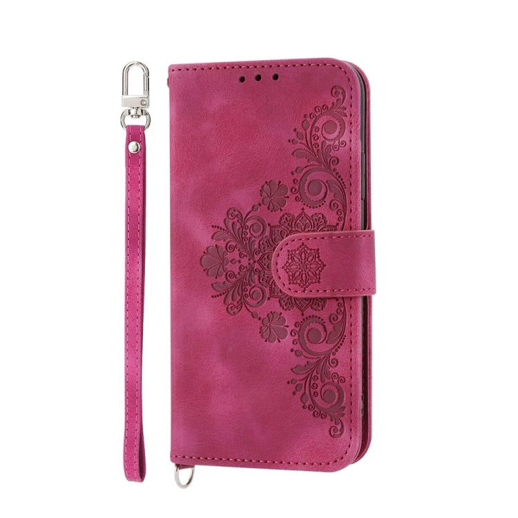 For iPhone 16 Plus Skin-feel Flowers Embossed Wallet Leather Phone Case(Wine Red) - iPhone 16 Plus Cases by buy2fix | Online Shopping UK | buy2fix