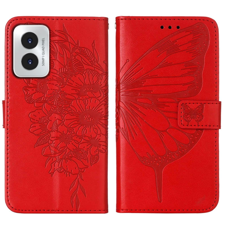 For Motorola Moto G Play 4G 2024 Embossed Butterfly Leather Phone Case(Red) - Motorola Cases by buy2fix | Online Shopping UK | buy2fix