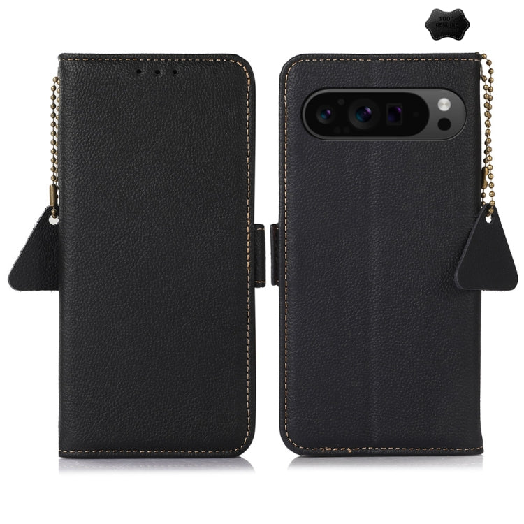 For Google Pixel 9 Pro Side-Magnetic TJ Genuine Leather RFID Phone Case(Black) - Google Cases by buy2fix | Online Shopping UK | buy2fix