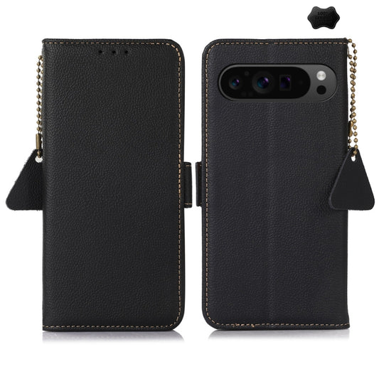 For Google Pixel 9 Pro Side-Magnetic TJ Genuine Leather RFID Phone Case(Black) - Google Cases by buy2fix | Online Shopping UK | buy2fix