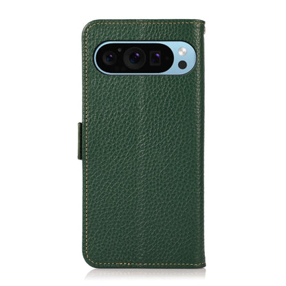 For Google Pixel 9 KHAZNEH Side-Magnetic Litchi Genuine Leather RFID Phone Case(Green) - Google Cases by buy2fix | Online Shopping UK | buy2fix