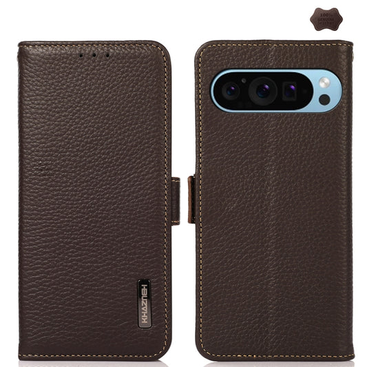 For Google Pixel 9 KHAZNEH Side-Magnetic Litchi Genuine Leather RFID Phone Case(Brown) - Google Cases by buy2fix | Online Shopping UK | buy2fix